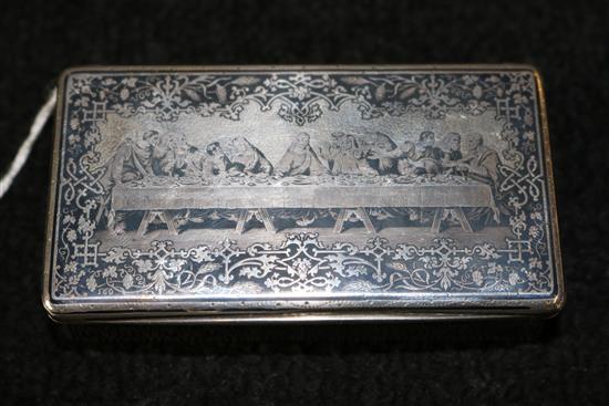 A late 19th century French silver and niello rectangular snuff box, gross 3.5 oz.